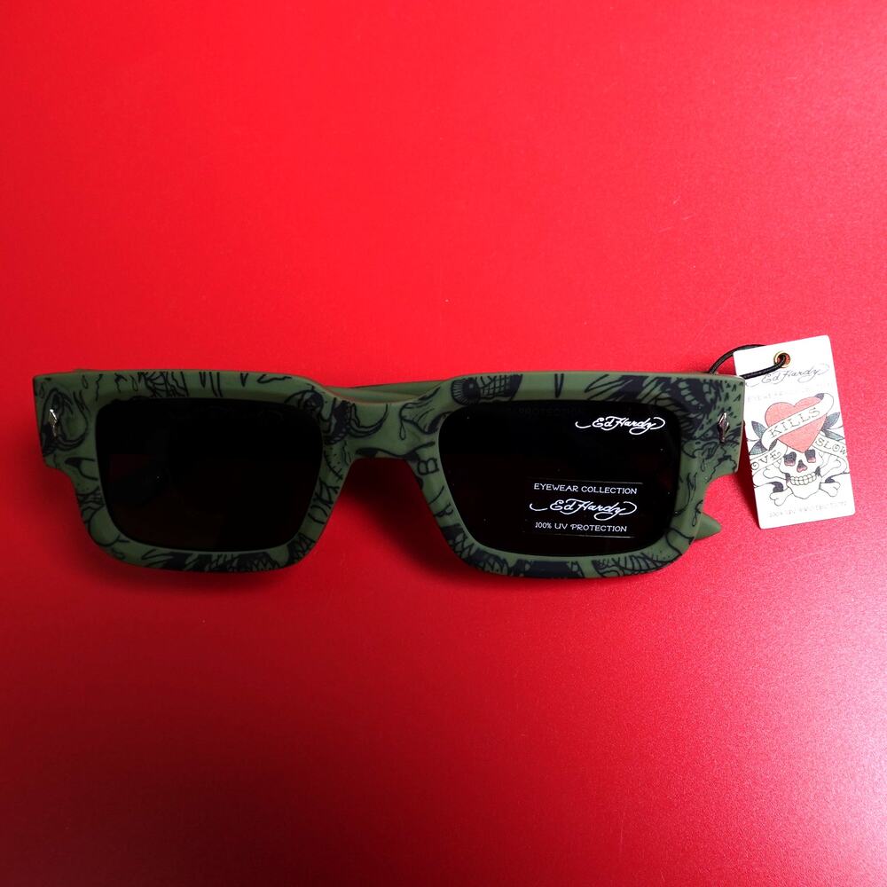 Ed Hardy Camouflage Green Square Frame Sunglasses Black 100% UV Protection